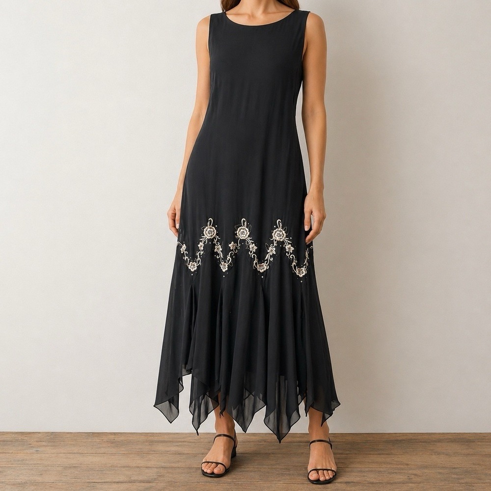 Vintage S.L. Fashions Y2K Midi Dress Womens 12 Black Fairy Goth Asymmetric‎